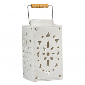 Φανάρι Διακοσμητικό Κεραμικό Λευκό Διάτρητο Σχέδιο με Χερούλι 14x14x27 cm