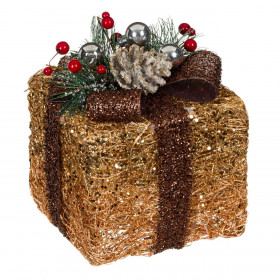 Χριστουγεννιάτικο Φωτιζόμενο Δώρο Πεύκο Berries Κορδέλα 10 Λαμπάκια 15x15x14 cm