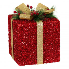 Χριστουγεννιάτικο Διακοσμητικό Αφρώδες Δώρο Κόκκινο Χρυσή Κορδέλα Κουκουνάρια 18x18x20 cm