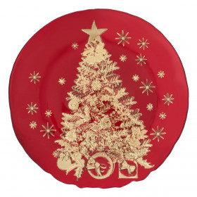 Χριστουγεννιάτικη Διακοσμητική Πιατέλα Στρογγυλή Γιάλινη Κόκκινη Χρυσό Δέντρο 33cm
