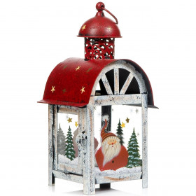 Χριστουγεννιάτικο Mεταλλικό Διακοσμητικό Φανάρι Off White Κόκκινος Τρούλος Άγιος Βασίλης  23.5cm