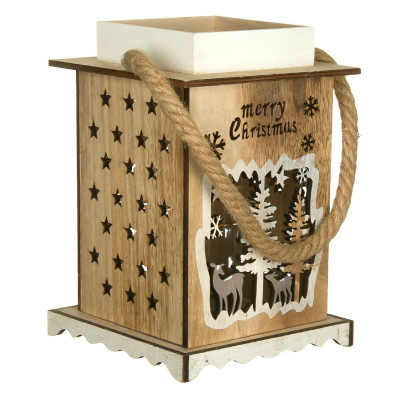 Χριστουγεννιάτικο Ξύλινο Διακοσμητικό Φανάρι Ρεσώ Tάρανδοι Έλατα Glitter 17x17x26cm