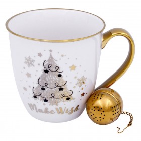 Χριστουγεννιάτικη Κούπα New Bone Λευκή με Χρυσό Χερούλι Δέντρο &quotMake a Wish&quot &amp Φίλτρο 620ml