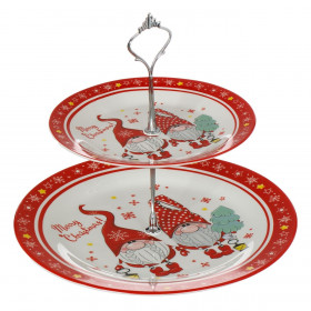 Δίσκος Σερβιρίσματος Γλυκών 2 Επιπέδων Πορσελάνη Φιγούρες Άγιος Βασίλης Gnome &quotMerry Christmas&quot 27cm