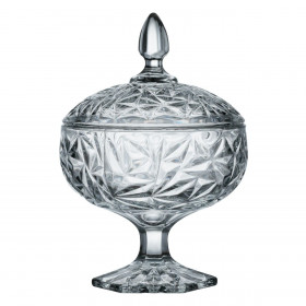 Φοντανιέρα Γυάλινη Διάφανη Ανάγλυφο Κρακελέ Σχέδιο με Πόδι &amp Καπάκι 1lt