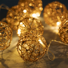 8 Χριστουγεννιάτικα Διακοσμητικά Λαμπάκια LED Μπαταρίας Μπάλες Μπρονζέ Glitter 1.70 m - Θερμό Λευκό