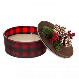 Χριστουγεννιάτικο Ποτήρι Κερί Εκρού Κόκκινο Καρό με Καπάκι Κουκουνάρι Beriies 1100 g