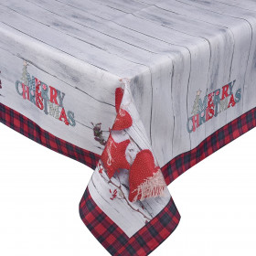 Χριστουγεννιάτικο Διακοσμητικό Τραπεζομάντηλο Καρέ Ξύλο Καρδιές Αστέρι Κόκκινο Καρό 120x120cm