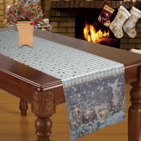 Χριστουγεννιάτικο Διακοσμητικό Runner Γκρι Κεριά Ασημί Foil Αστέρια 160x33cm