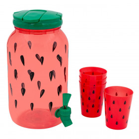 Δοχείο Πλαστικό με Βρύση Καρπούζι 3.8 lt &amp 4 Ποτήρια 250 ml