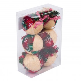 Σετ Χριστουγεννιάτικες Μπάλες Κόκκινες Μπεζ Λινό Καρό 8 cm - 6 τμχ.