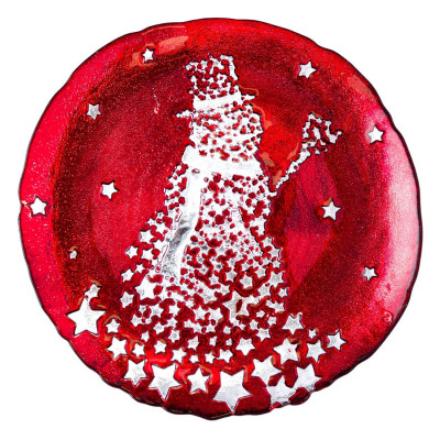 Χριστουγεννιάτικη Διακοσμητική Πιατέλα Γυάλινη Κόκκινη Χιονάνθρωπος 33 cm