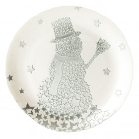 Χριστουγεννιάτικη Διακοσμητική Πιατέλα Στρογγυλή Γυάλινη Περλέ Χιονάνθρωπος 33cm