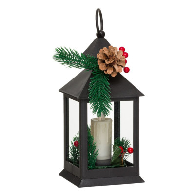 Χριστουγεννιάτικο Διακοσμητικό Φανάρι LED Μαύρο Κερί Kλαδί Έλατο Ου 11x11x23cm
