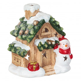 Χριστουγεννιάτικο Κεραμικό Σπίτι Χιονάνθρωπος με Κασκόλ για Ρεσώ 14x9x17cm