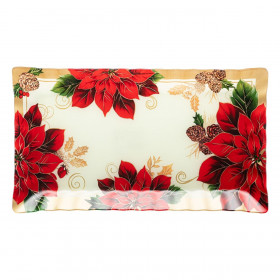 Χριστουγεννιάτικη Πιατέλα Γυάλινη Εκρού Αλεξανδρινά Γκι 42x24cm