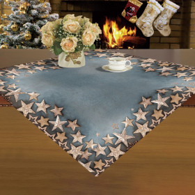 Χριστουγεννιάτικο Διακοσμητικό Τραπεζομάντηλο Καρέ Μπλε με Χρυσά Αστέρια 80x80cm