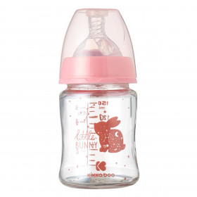 Μπιμπερό Γυάλινο με Θηλή Σιλικόνης Ροζ Κουνελάκι Kikka Boo 150ml