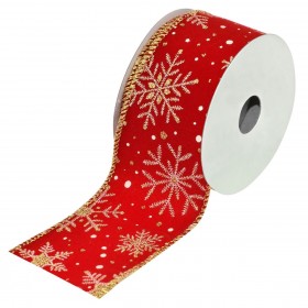 Xριστουγεννιάτικη Διακοσμητική Κορδέλα Δέντρου Kόκκινη Βελουτέ Χρυσές Χιονονιφάδες - 5 m x 63 mm