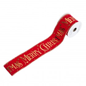 Χριστουγεννιάτικη Διακοσμητική Κορδέλα Δέντρου Κόκκινο Βελούδο Χρυσό &quotMerry Christmas&quot 4 m x 63 mm