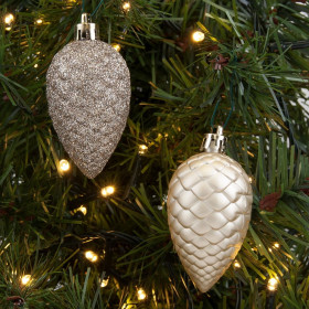 Σετ Χριστουγεννιάτικα Στολίδια Κουκουνάρια Σαμπανί Ματ Glitter 7 cm - 12 τμχ.