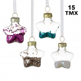 Σετ Χριστουγεννιάτικα Στολίδια Γυάλινα Διάφανα Αστέρια Καρδιές με Χρωματιστό Κομφετί 4.5cm - 15 τμχ.