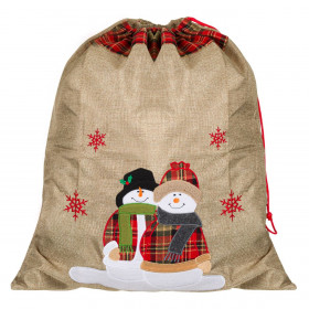 Χριστουγεννιάτικος Σάκος Γιούτα Μπεζ Κόκκινο Καρό Χιονάνθρωποι Χιονονιφάδες 50x60 cm