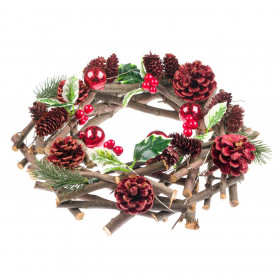 Χριστουγεννιάτικο Διακοσμητικό Στεφάνι Κλαδιά Κουκουνάρια Berries 10 LED - 30 cm
