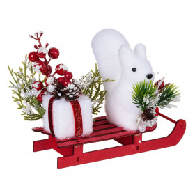 Χριστουγεννιάτικο Επιτραπέζιο Διακοσμητικό Ξύλινο Έλκηθρο Αφρώδες Σκίουρος 17cm