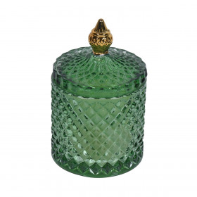 Κερί Λευκό σε Φοντανιέρα Γυάλινη Σμαραγδί Σχέδιο Ρόμβοι με Καπάκι 8.5x14cm