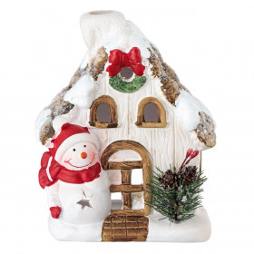 Χριστουγεννιάτικο Κεραμικό Σπίτι Χιονάνθρωπος Κουκουνάρια για Ρεσώ 13x7x16cm