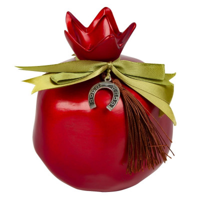 Χριστουγεννιάτικο Διακοσμητικό Γούρι Ρόδι Κεραμικό Κόκκινο Κορδέλα 13cm