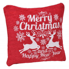 Θήκη Μαξιλαριού Χριστουγεννιάτικης Διακόσμησης Κόκκινη Τάρανδοι Πον Πον Λευκά Γράμματα 45x45cm
