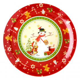 Χριστουγεννιάτικη Πιατέλα Γυάλινη Κόκκινη Χιονάνθρωπος 31cm