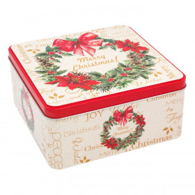 Χριστουγεννιάτικο Μεταλλικό Κουτί Τετράγωνο Εκρού Στεφάνι 17.7x17.7x8.5cm