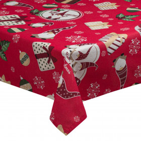 Χριστουγεννιάτικο Διακοσμητικό Τραπεζομάντιλο Μπορντό Άγιος Βασίλης Gnome Δώρα 180x140cm