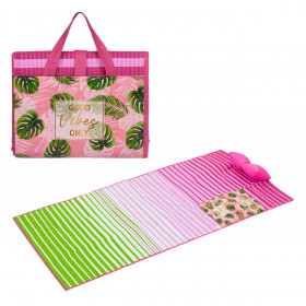 Ψάθα Παραλίας Τσάντα Λαχανί Φούξια Μονή Good Vibes Only με Φουσκωτό Μαξιλάρι 180x86 cm