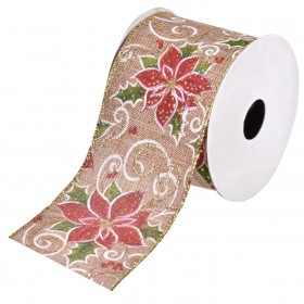 Xριστουγεννιάτικη Διακοσμητική Κορδέλα Δέντρου Mπεζ με Λουλούδια Αλεξανδρινά - 5 m x 63 mm