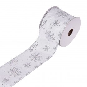 Χριστουγεννιάτικη Διακοσμητική Κορδέλα Δέντρου Λευκή Ασημί Glitter Χιονονιφάδες 5m x 63mm