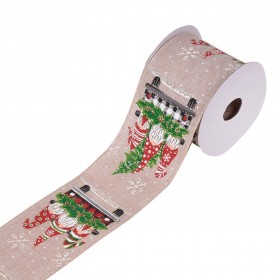 Χριστουγεννιάτικη Διακοσμητική Κορδέλα Δέντρου Μπεζ Άγιος Βασίλης Gnome Αυτοκίνητο 5m x 63mm