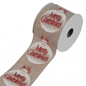 Χριστουγεννιάτικη Διακοσμητική Κορδέλα Δέντρου Μπεζ Μπάλες Merry Christmas - 5 m x 63 mm