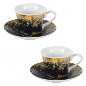 Σετ Χριστουγεννιάτικα Φλιτζάνια Πορσελάνη Χρυσές Νιφάδες &amp Πιατάκια 90ml - 2 τμχ.