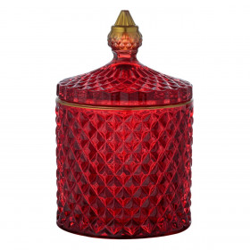 Φοντανιέρα Γυάλινη Κόκκινη Κύλινδρος με Καπάκι Ανάγλυφο Σχέδιο Χρυσή Λεπτομέρεια 300ml