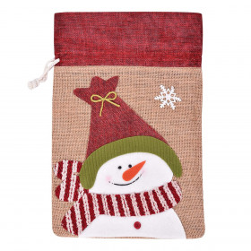 Χριστουγεννιάτικο Πουγκί Μπεζ Λινάτσα Χιονάνθρωπος με Σκουφί &amp Κασκόλ 25x35cm