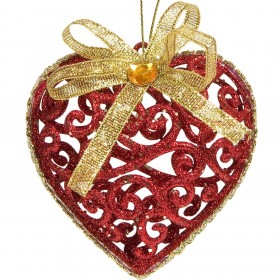 Σετ Χριστουγεννιάτικα Στολίδια Καρδιές Κόκκινες Διάτρητες Χρυσός Φιόγκος Χρυσή Πέτρα 6 cm - 6 τμχ.