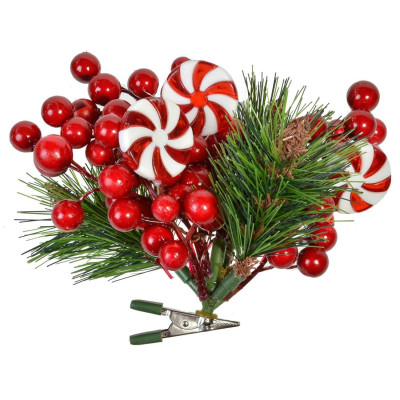 Χριστουγεννιάτικο Λουλούδι Κλιπ Κλαδί Έλατο Κόκκινα Berries Γλειφιτζούρια 16 cm