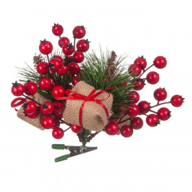 Χριστουγεννιάτικο Λουλούδι Κλιπ Κλαδί Έλατου Κόκκινα Berries Δώρα Λινάτσα 23 cm