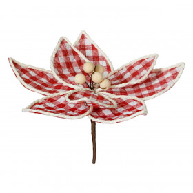 Χριστουγεννιάτικο Λουλούδι Αλεξανδρινό Λινό Κόκκινο Λευκό Καρό Ξύλινες Χάντρες 28cm