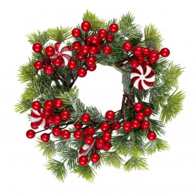Χριστουγεννιάτικο Διακοσμητικό Δαχτυλίδι Κεριού Πράσινο Έλατο Χιόνι Berries 28cm