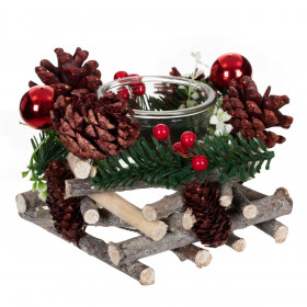 Χριστουγεννιάτικη Διακοσμητική Θήκη Κεριού Ξύλινη Βάση Κουκουνάρια Μπάλες 15x15x11 cm